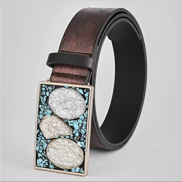 Pu Leather Boho Western Turquoise Gemstone Buckle Belt - Picture 3 of 6